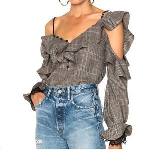 Self-Portrait - Off-the-Shoulder Check Wool Frill Top - SZ US 2, UK 6, Grey, Red